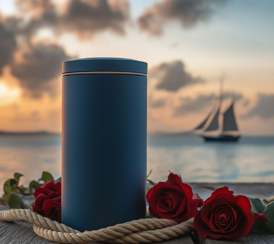 Bild einer blauen, zylindrischen Urne auf einem Holztisch, umgeben mit roten Rosen und Seil zur Dekoration. Im Hintergrund ein Segelschiff auf dem Meer bei untergehender Sonne. KI generiert von A. Lübke.