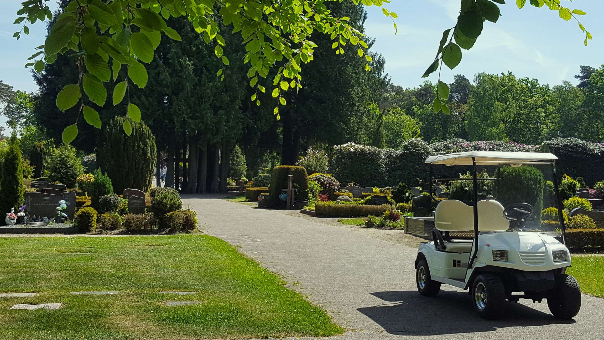 Caddy fährt über Friedhof