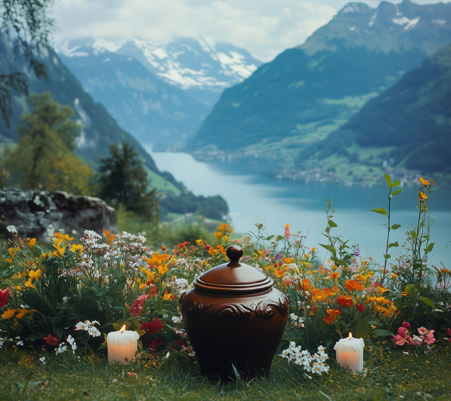 Bild einer Tonurne mit bunten Blumen und brennenden Kerzen auf einem großen Findling bei Sonnenaufgang in den Schweizer Bergen. KI generiert von A. Lübke.