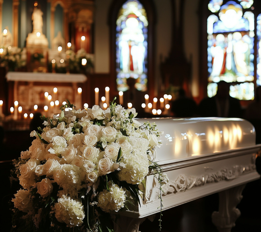 Bild eines weißen Sarges mit weißen Rosen als Blumenschmuck in einer Kirche. KI generiert von A. Lübke.