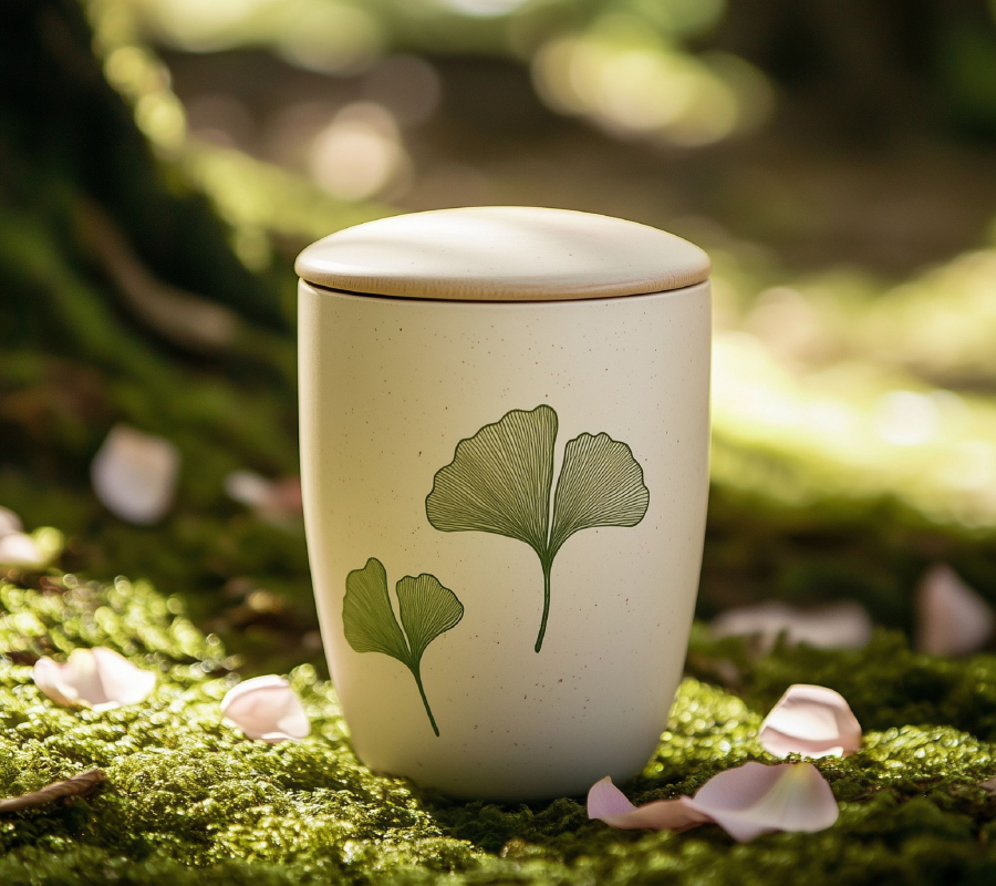 Bild einer Friedwaldurne (beige mit Ginkoblättern) auf einem grünen Waldboden mit Moos, Gänseblümchen und Rosenbättern. KI generiert von A. Lübke.