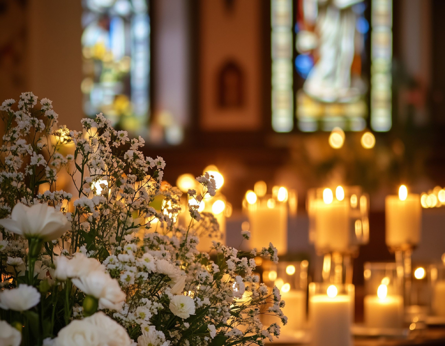 Bild von brennenden Kerzen neben einem weißen Blumenbukett vor einem bunten Kirchenfenster. KI generiert von A. Lübke.